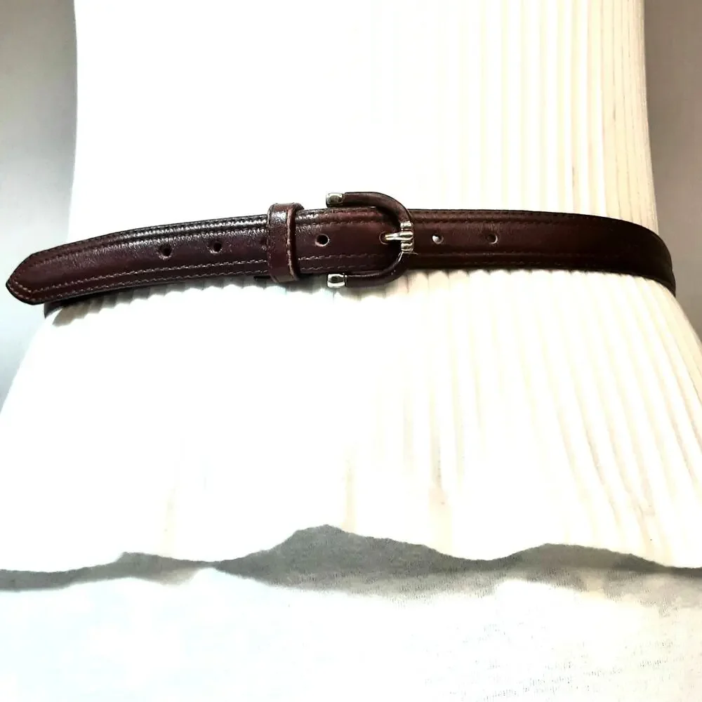 💎Unisex Dark Brown Leather Belt M  Polished Silver Tone Buckle Stitched Detail